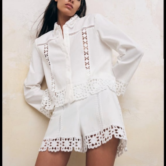 Zara Tops - Collared shirt with long sleeves. Matching crochet detail. Button-up front.